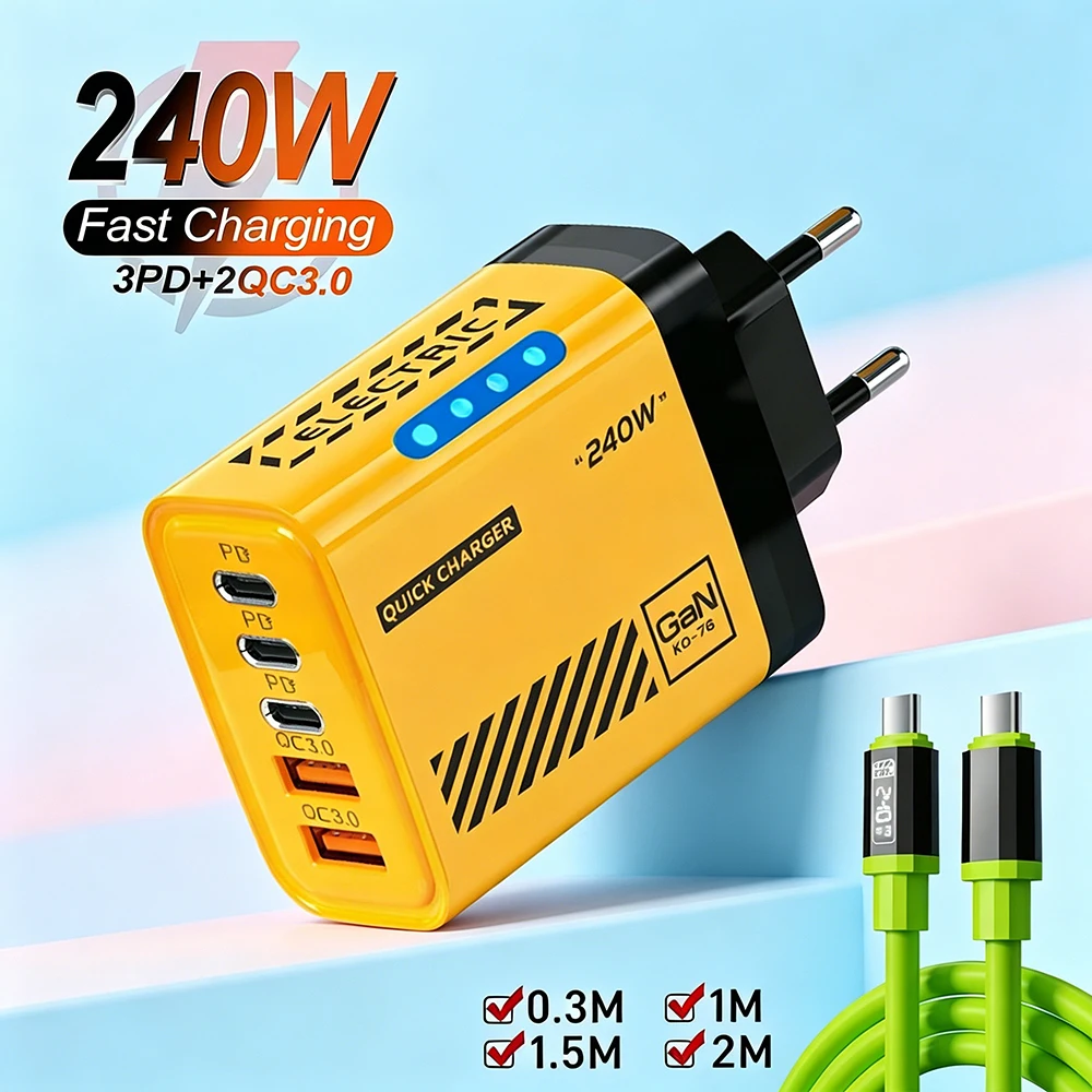 240W GaN 5in1 USB C Fast Charger QC 3.0 PD USB Type C Charger Wall Adapter for iPhone Samsung Xiaomi Huawei Phone Power Charger