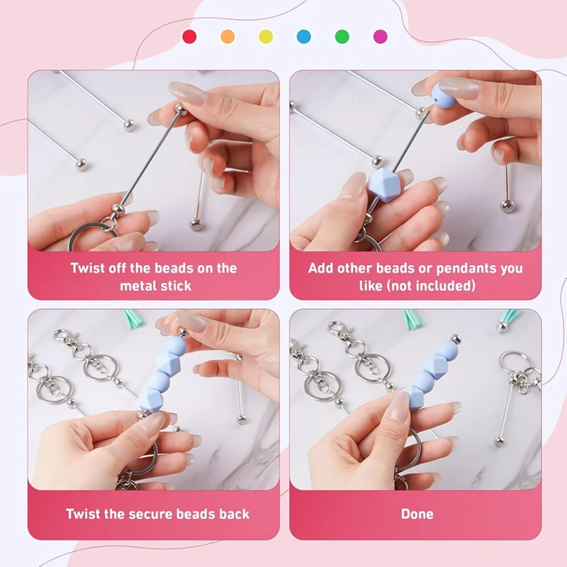 

24pcs Beaded Keychains,DIY Blank Beaded Keychain Making Kit for Pendants DIY Handmade Gifts Silver-AT35