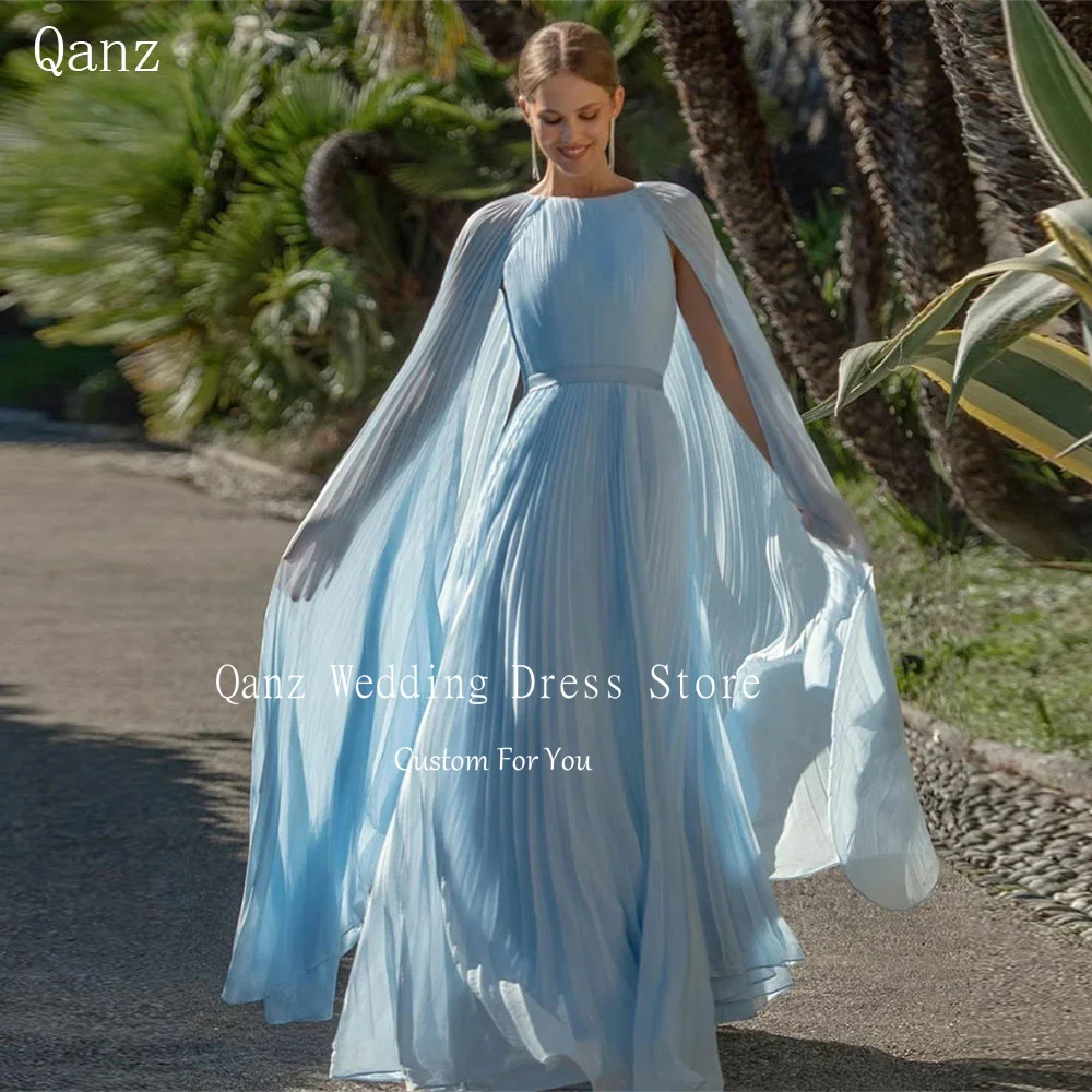 

Qanz Chiffon Long Evening Dresses O Neck Sky Blue Customized Vestidos De Fiesta Elegantes Cap Sleeves Formal Occasion Dresses