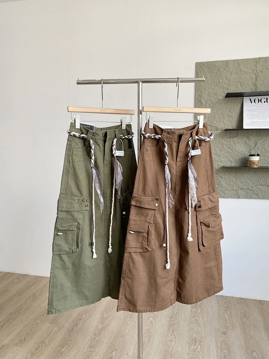 

American Retro Workwear Midi Skirt with Drawstring Elastic Waist Design And Large Pockets for Women Autumn 2025 New Style