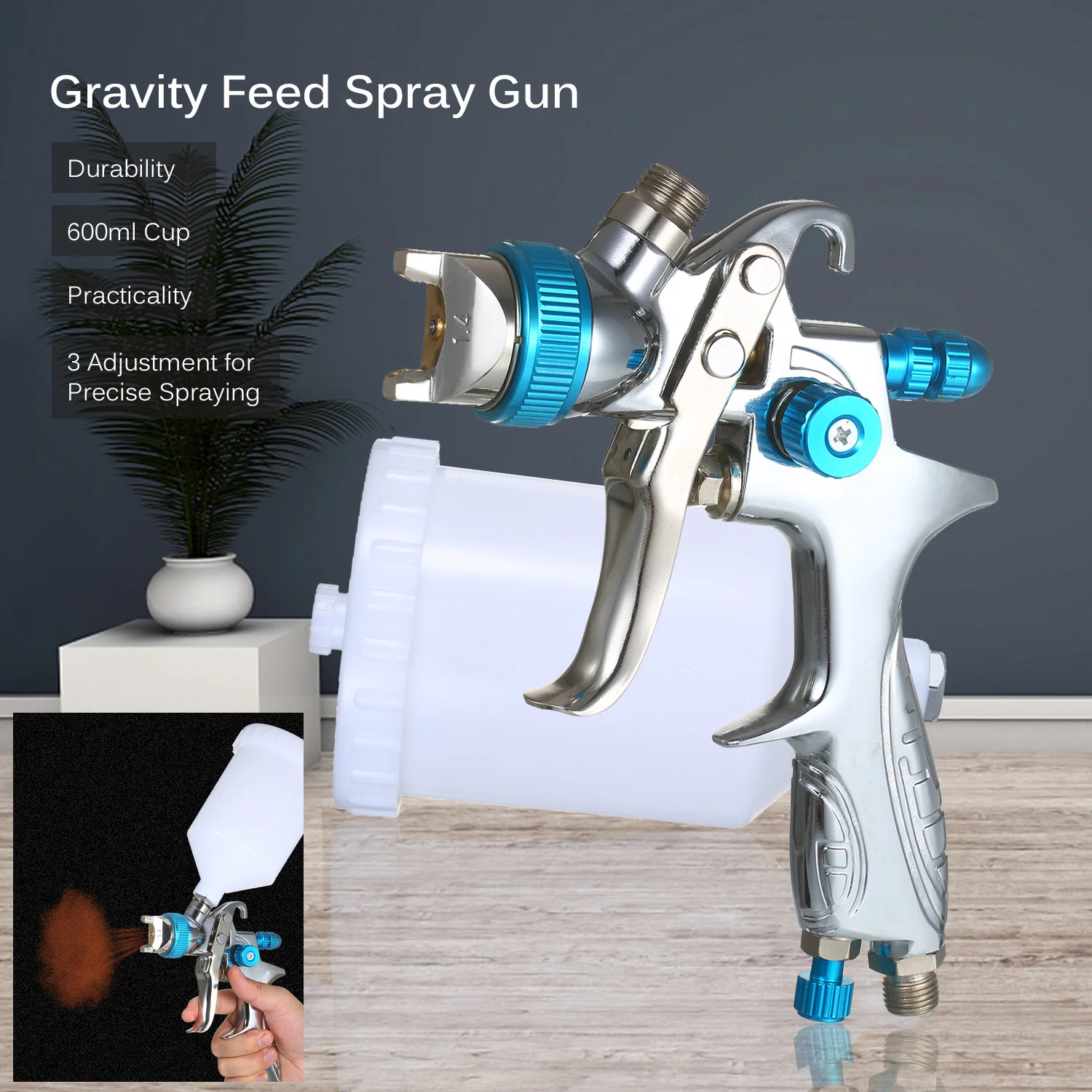 Spray Gun Gravity Feed Paint Sprayer with 600ml Cup 1.4mm/1.7mm/2.0mm Nozzle for Wall/Furniture/Fence Spraying and Cleaning