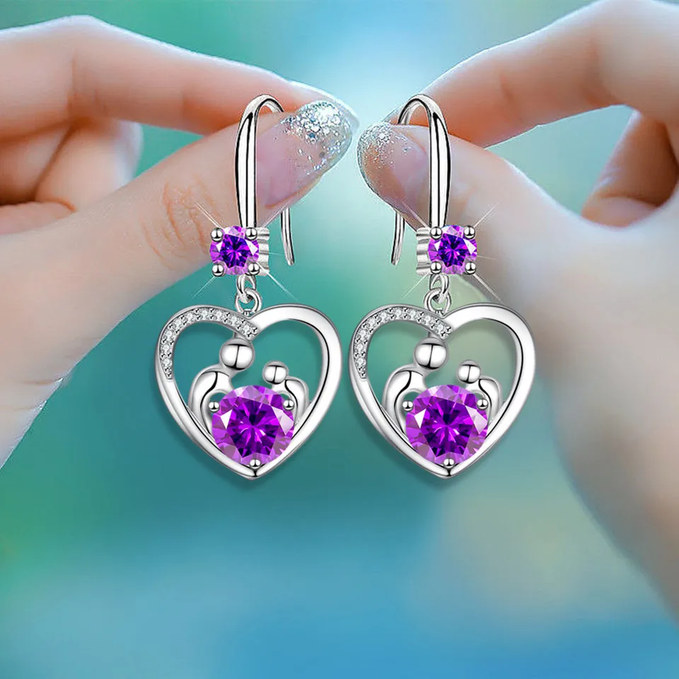 Mutter Herz Tropfen Ohrringe für Frauen Silber Farbe blau gelb rot grün grün rosa Zirkon Valentinstag baumeln Ohrring Muttertag Schmuck