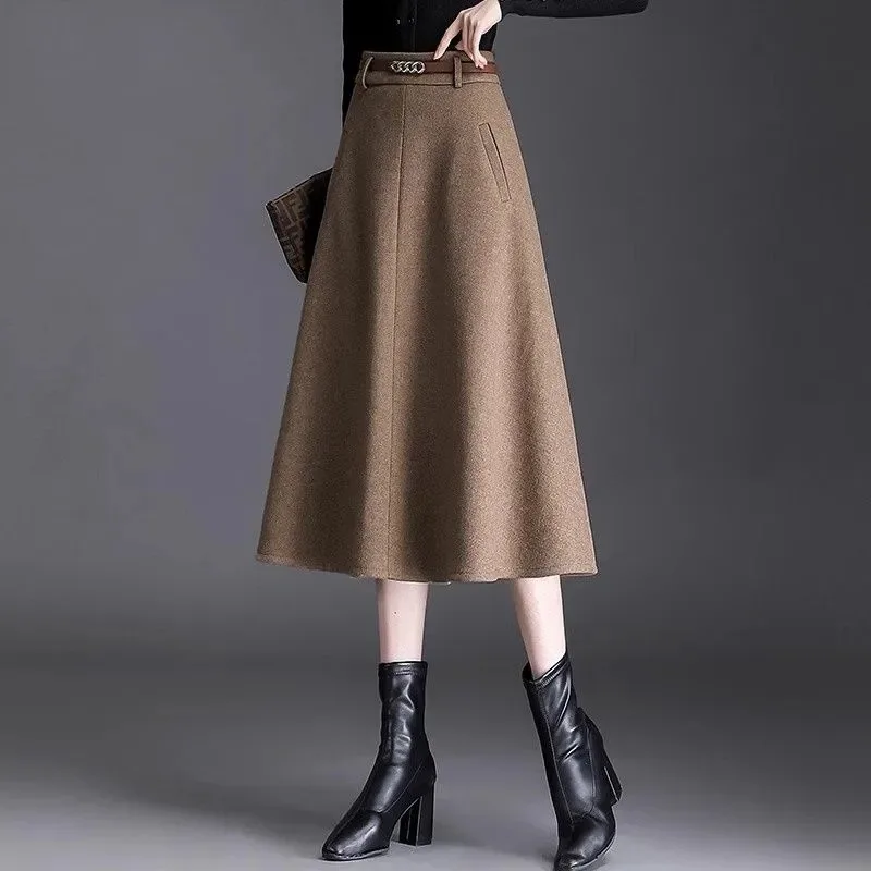 

Woolen Skirt Women's Autumn Winter New Style Small Person Control High Waist Slimming Mid-length A-line Skirt