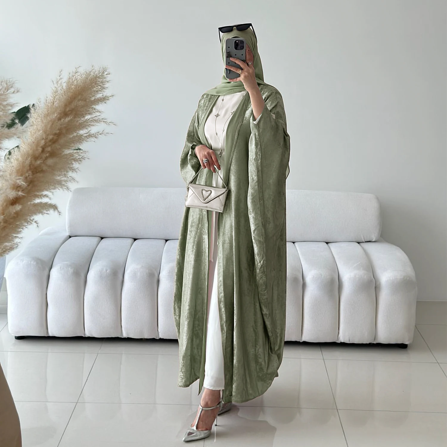 Fashion Elegant Dubai Turkish Abaya 2 Piece Set Muslim's Women Inner Under Dress Abayas Open Front Cardigan Suit LR796