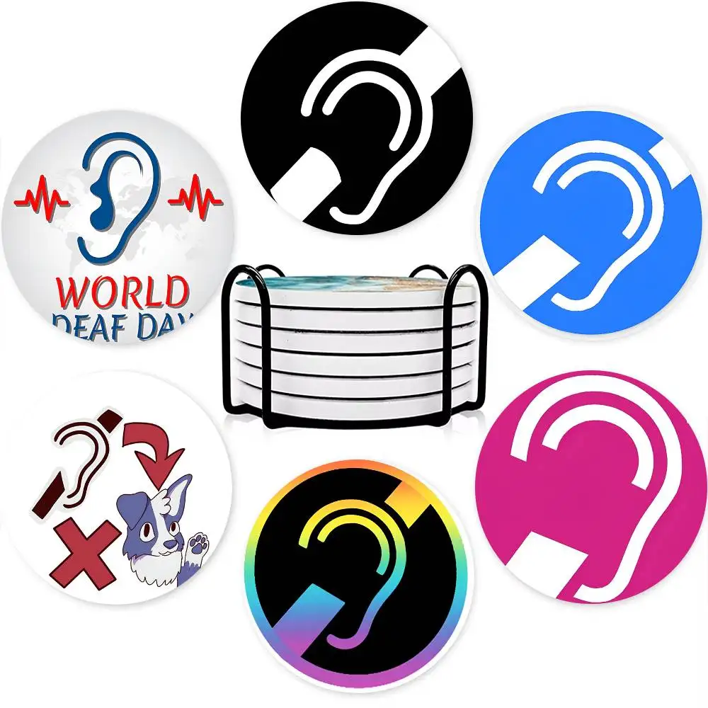 1pc International Deaf And Hoh Symbol Wooden Coaster Colour Printing Cup Mat Home Desk Decoration Gifts