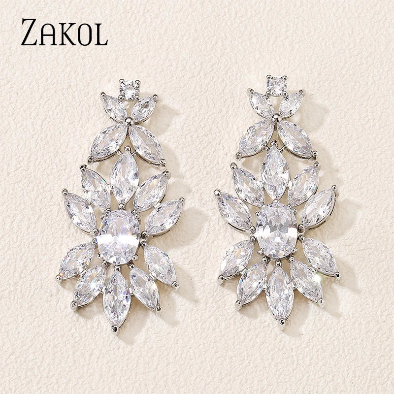 ZAKOL Luxury Rose Gold Color Leaf Dangle Earrings for Women Shinny Cubic Zirconia Bridal Earring Wedding Party Jewelry