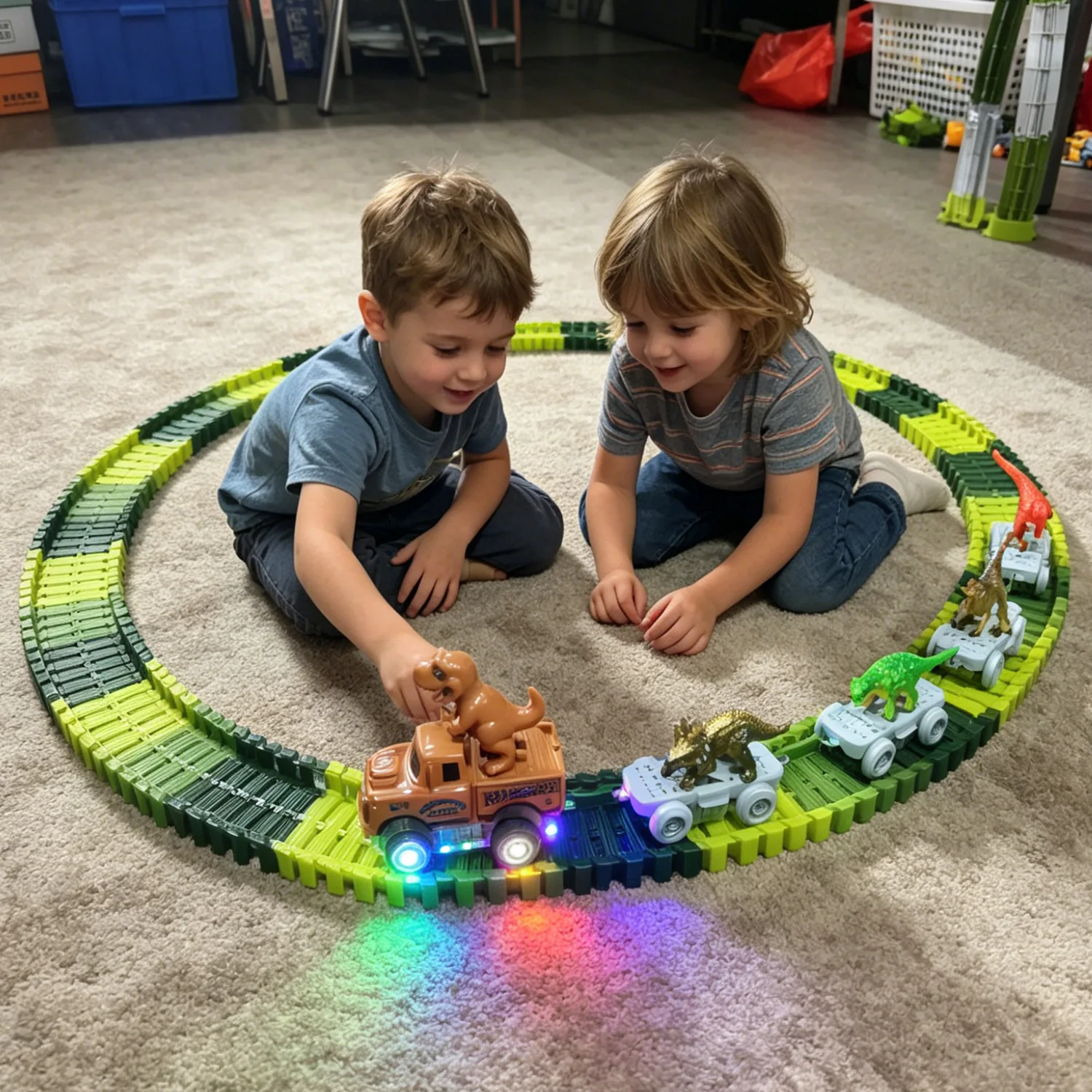 Flexible Dinosaur Train Magic Race Tracks Car Light-Up Truck & Dino Figures DIY Assembled Dino Car Railway Toy