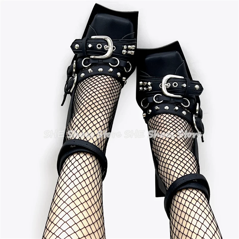 

Punk Rivet Belt Buckle Square Toe Women Sandals Y2K Design Strange Heel Buckle Strap Mary Janes Shoes Lady Catwalk Dress Pumps