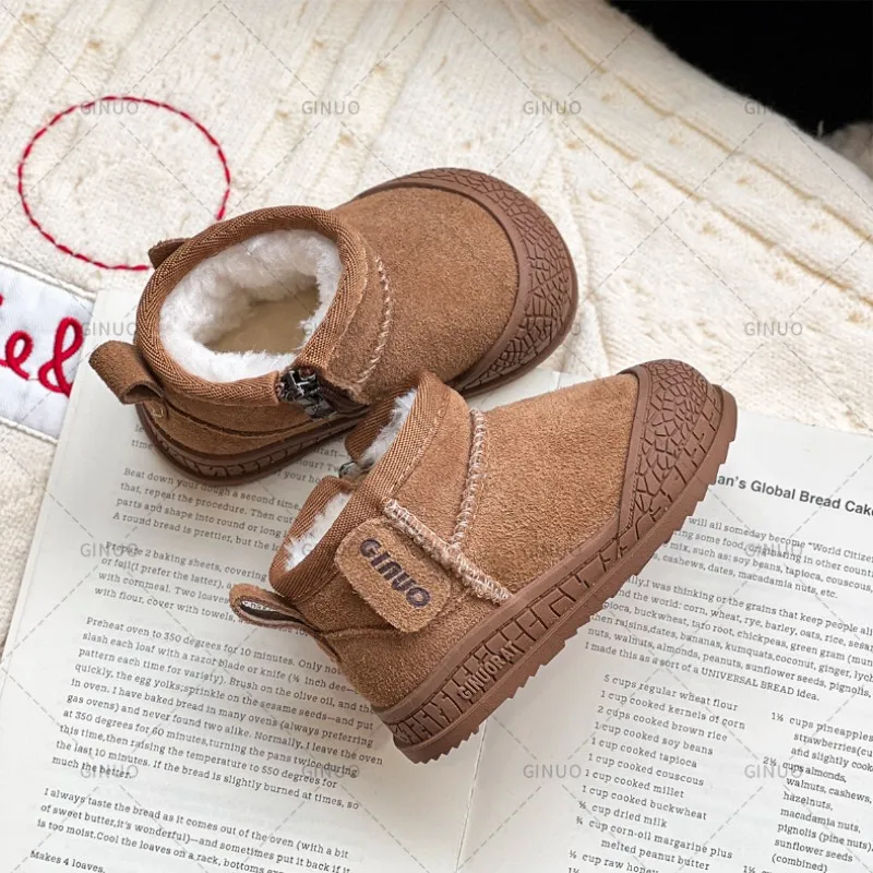 2024 New Winter Baby Snow Boots Leather Warm Plush Infant Shoes Zip Side Soft Sole Fashion Toddler Boys Girls Boots 15-30