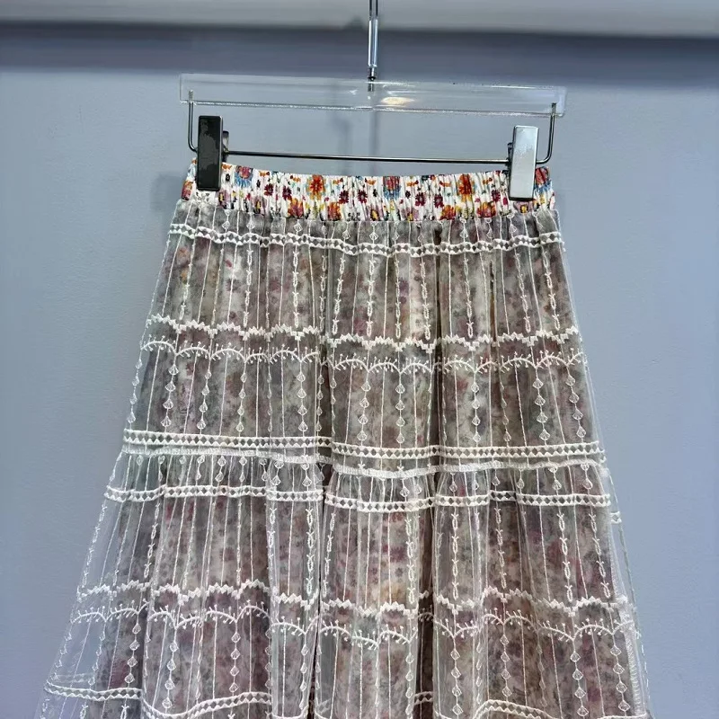 Jupe longue en maille de tulle à imprimé floral doux pour femmes, jupe maxi patchwork, taille élastique, sexy, printemps, été, mode la plus récente, 2025