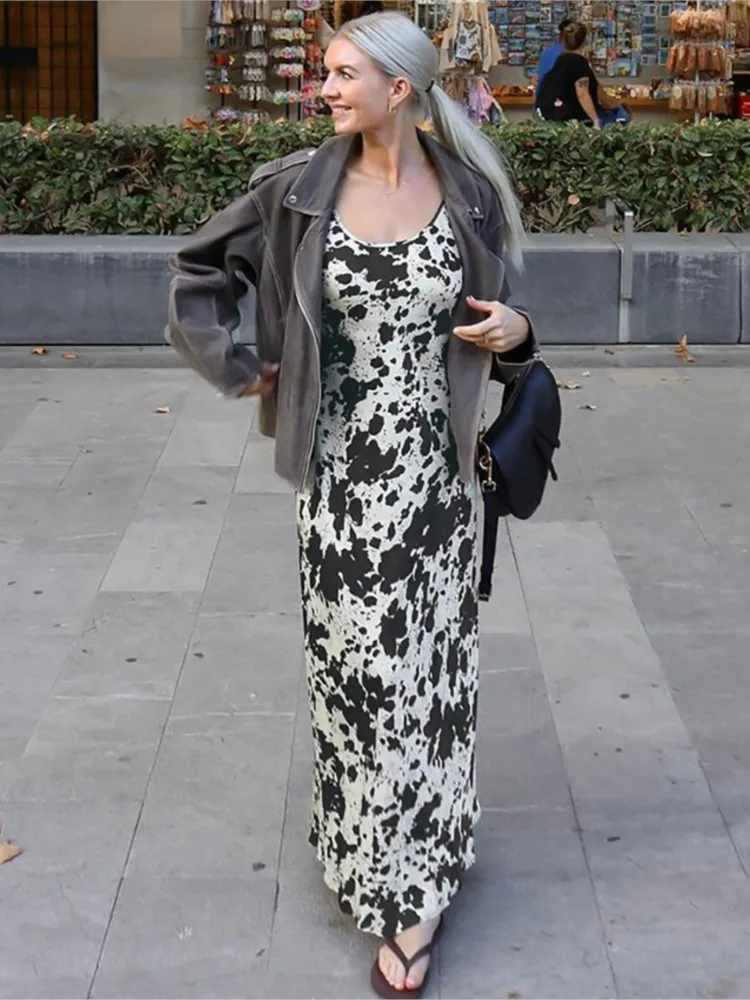 

Y2k Woman’s Fashion Print Spaghetti Strap Dress Summer Sexy High Waist Slim Long Dresses Elegant Sleeveless Vestidos For Ladies