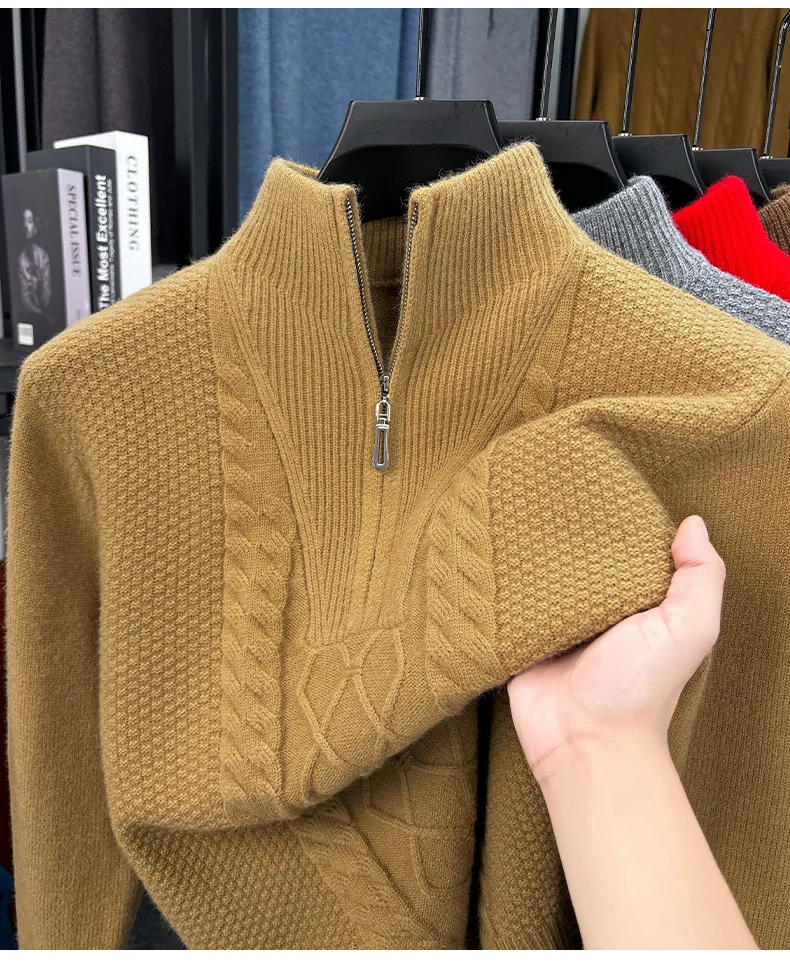Men's Thick Warm Zipper Half High Collar Knitted Base Sweater Solid Color Sweater for Men's Dad