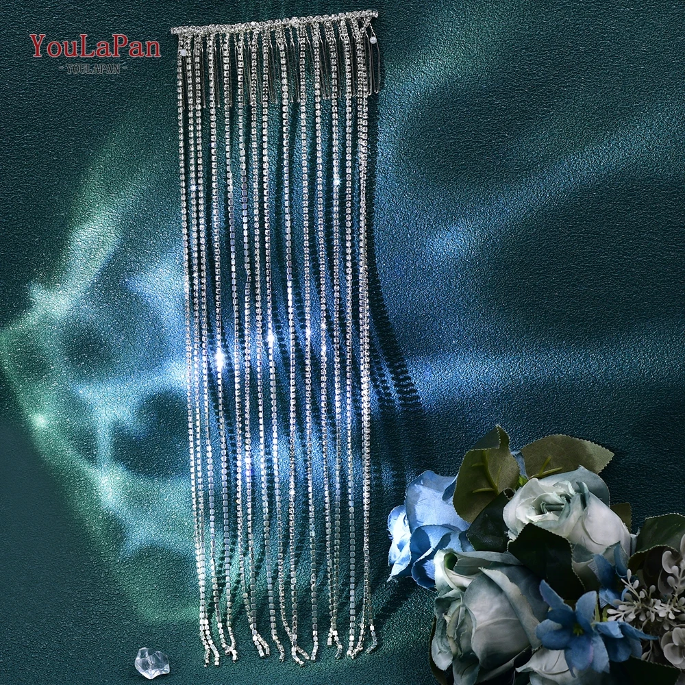 YouLaPan Long Tassel Chain Bride Hair Comb Hair Accessorie Sparkly Wedding Headband Silver Color Elegant Wedding Headwear HP652