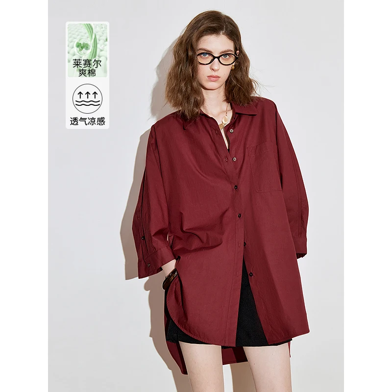 

TOYOUTH Women Seven Quarter Sleeved Blouse Shirt 2025 Spring New Lyocell Turn Down Collar Boyfriend Shirt Tops