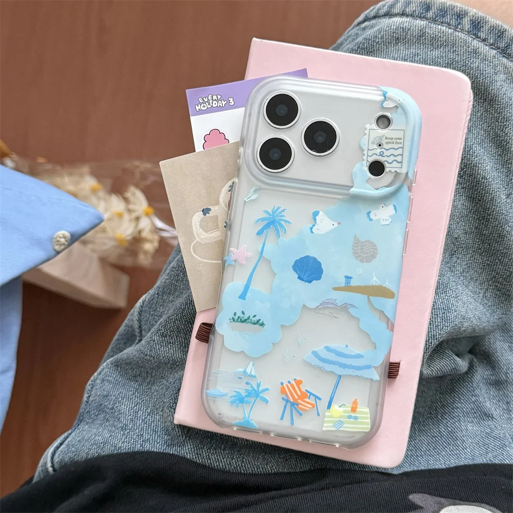 Summer Beach Vacation Phone Case For iPhone 15 16 17 Pro Max Clear Soft Cover Cute Seaside Pattern Shockproof  Protective Shell
