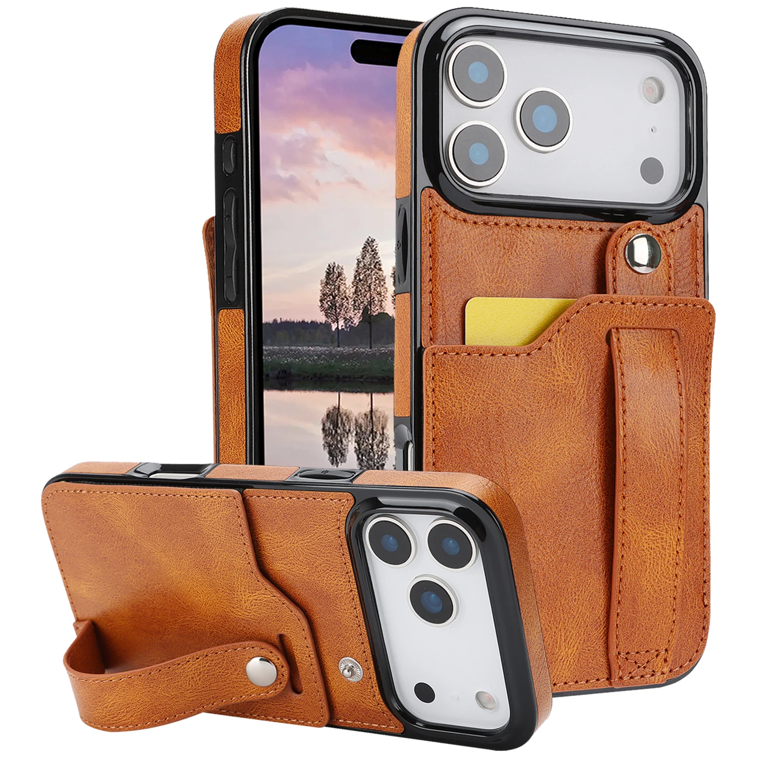 Cards Solt Wallet Wrist Band Leather Case for IPhone 17 16 15 Pro Max 12 13 11 XS X XR 15Plus Bracket Wristband KickStand Cover