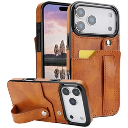 Cards Solt Wallet Wrist Band Leather Case for IPhone 17 16 15 Pro Max 12 13 11 XS X XR 15Plus Bracket Wristband KickStand Cover