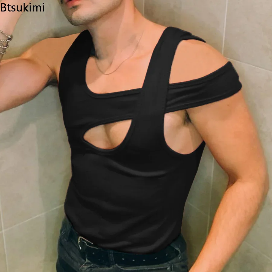 2024 Men\'s Summer Irregular Tank Tops Sleeveless Hollow Out Sexy Casual Vests Streetwear Breathable Men Summer Clothing Tops