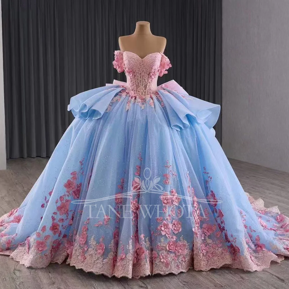 

Girls 15 Quinceanera Dresses Pink Blue Sweetheart Off-Shoulder Lace-Up Back Embroidered Beaded Sequined Appliques Bow Detail