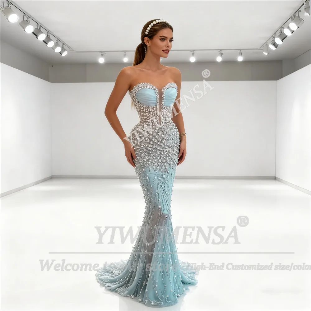 Luxury Shinny Pearls Sweetheart Evening Dresses 2025 Beaded Tulle Mermaid Prom Gowns Saudi Arabia Customized Robes De Soiree