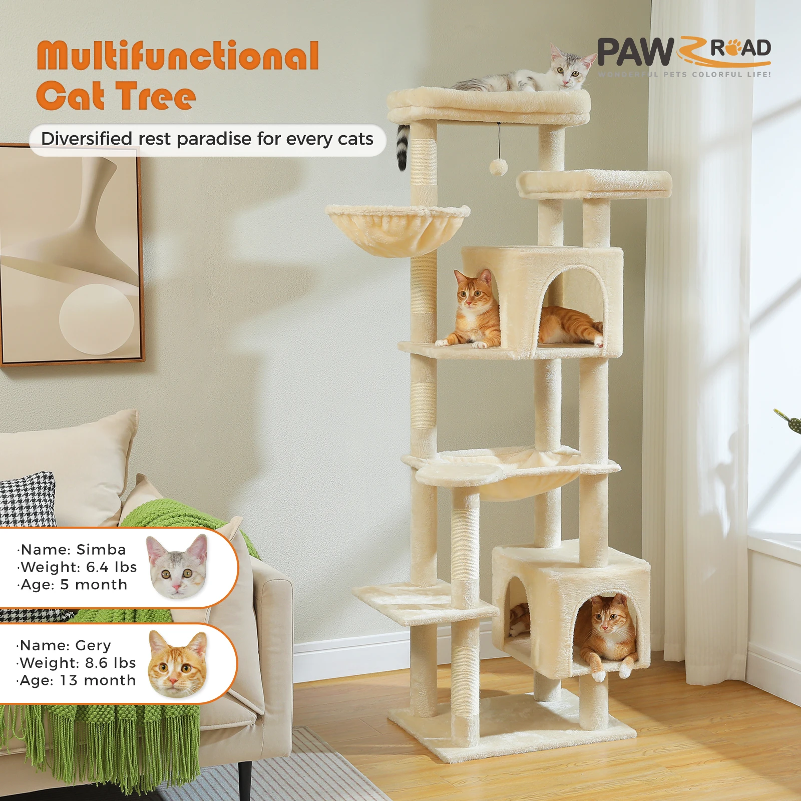 Tall Cat Tree for Indoor Cats Big Cat Tower with Super Large Hammock Cat Climbing Tree with Scratching Posts Condo House Black