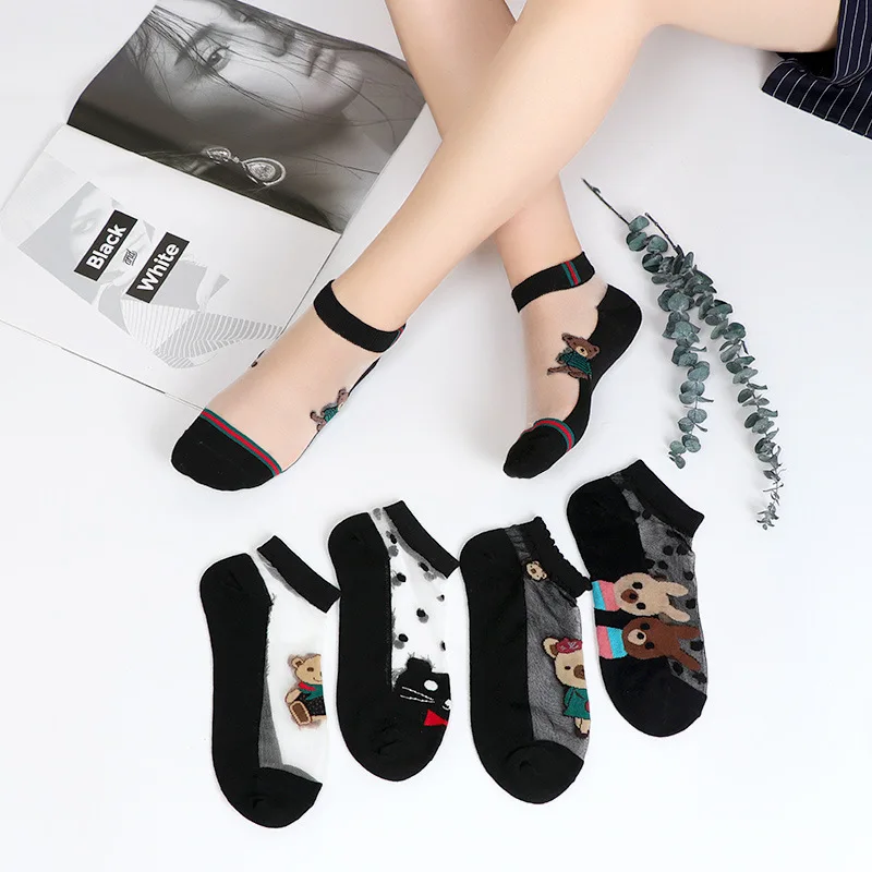 Calzini da donna con motivo a orso di cartone animato calzini da barca con fondo corto in cotone calze trasparenti calze da donna Kawaii calze di