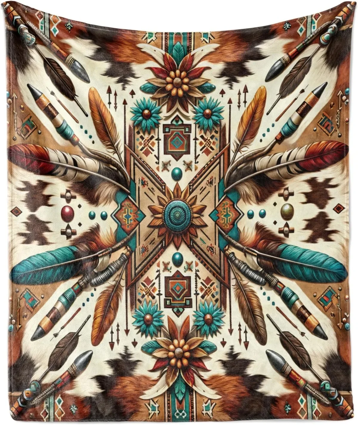 Ambesonne Rustic Throw Blanket, Aztec Inspired Design with Feathers and Ethnic Geometric Details,Cinnamon Redbrown and Teal