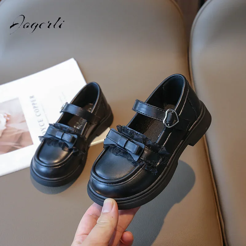 Girls PU Leather Shoes Autumn New Baby Bow Lace Princess Loafer Cute Style Soft Soled School Flats Footwear