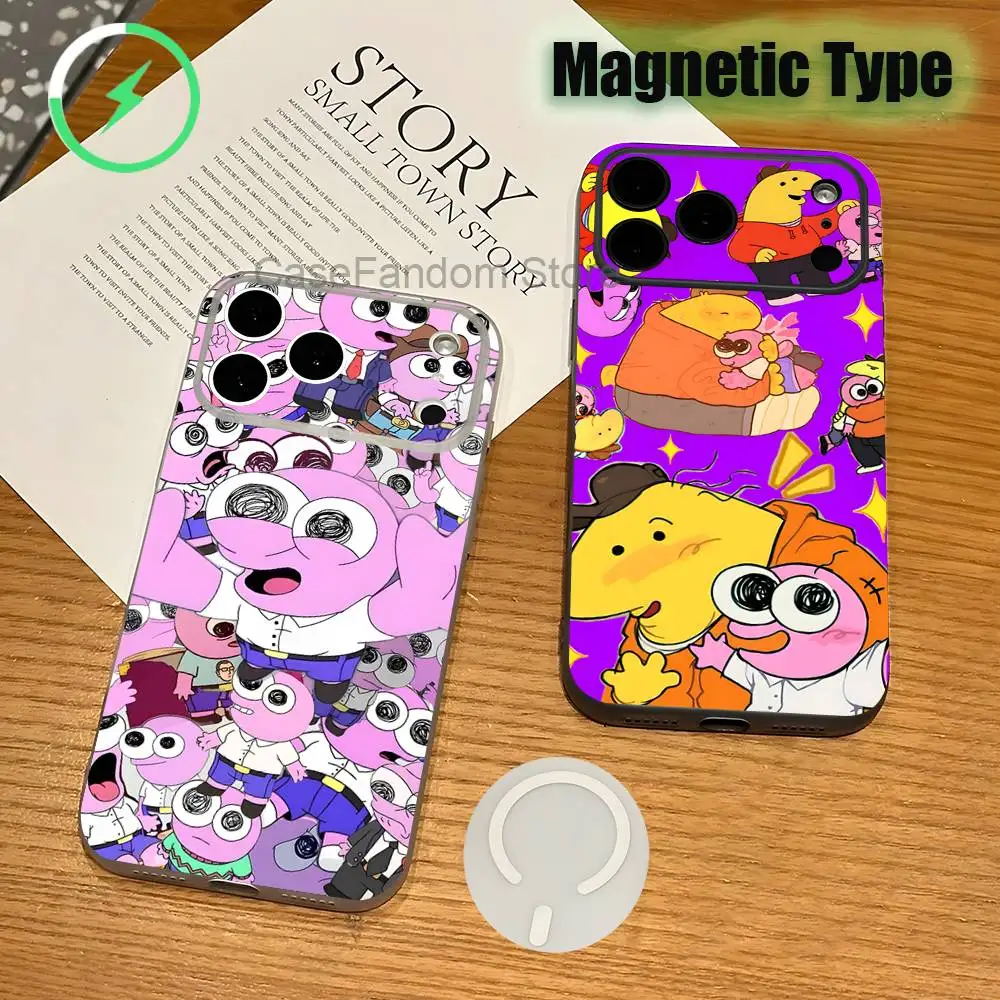 

S-Smiling Friends For iPhone 17,16,15,14,13,12,11,Pro,Max,Plus Magnetic Wireless Charging Transparent White Phone Case