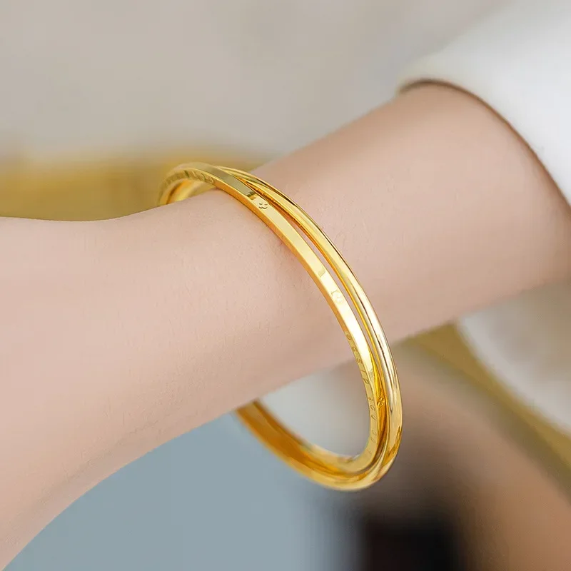 9999 Real Gold 24K Gold Double Ring Four Leaf Clover Letter Bracelet Niche Light Luxury High Sense Lucky Grass Bracelet Plain