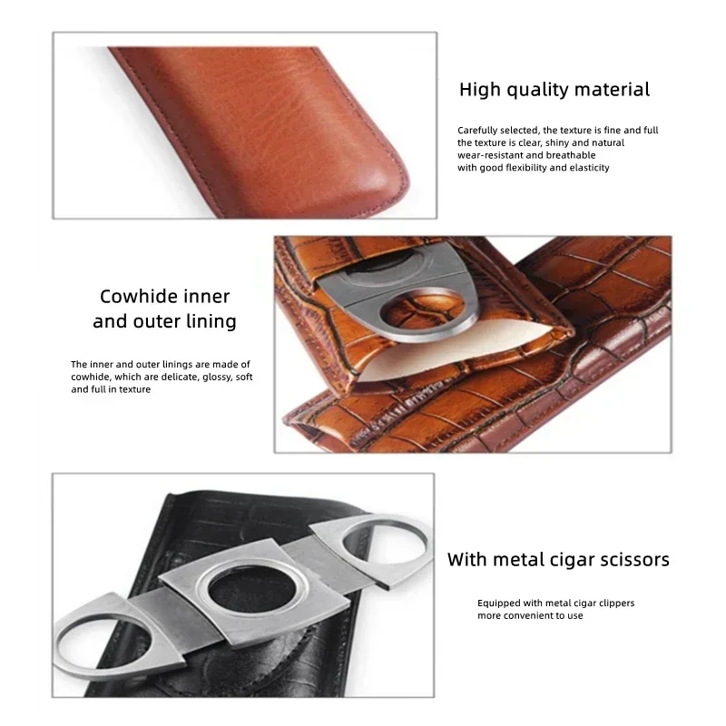 New Portable Leather Cigar Case with Silver Cigar Cutter Mini 2Tube Leather Case for Cigars Suitable As Holiday Gift for Friends