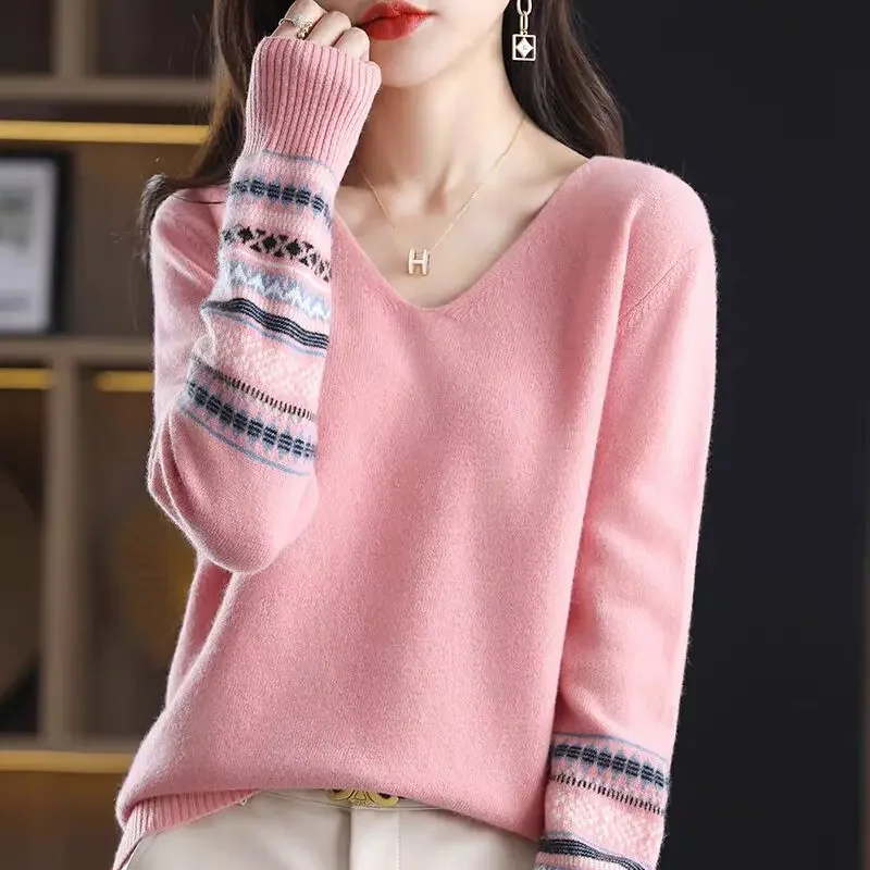 

Осень-зима, свободный вязаный свитер с v-образным вырезом, винтажный шикарный джемпер, женская одежда, модные элегантные пуловеры