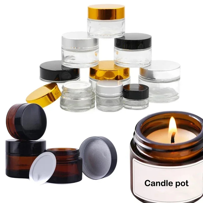 5Pcs 5g-100g Mini Amber Round Glass Creams Jars Pots W/ Inner Liners & Lids Make up Vials For Candle Lotion Powders Storage