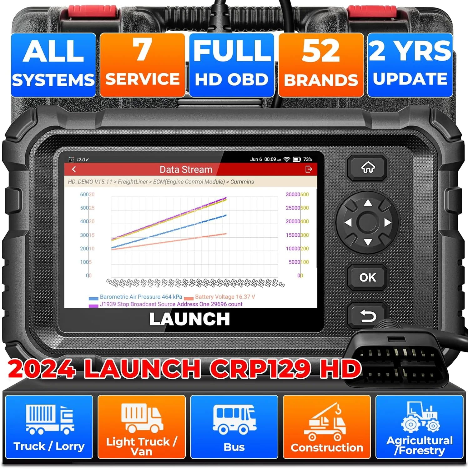 LAUNCH CRP129HD Heavy Duty Truck Diesel Scanner Diagnostic Tool Oil DPF Reset Speed Limit Adjust Bi-directional Commercial