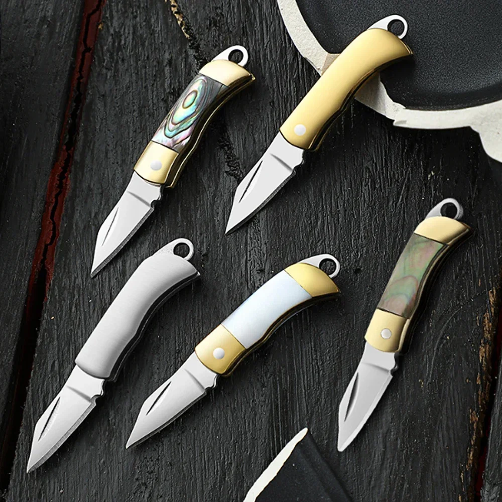 Mini Folding Knife, Brass Seashell Keychain, Stainless Steel Pendant Cutter, Outdoor Tool, Portable Unboxing Knife