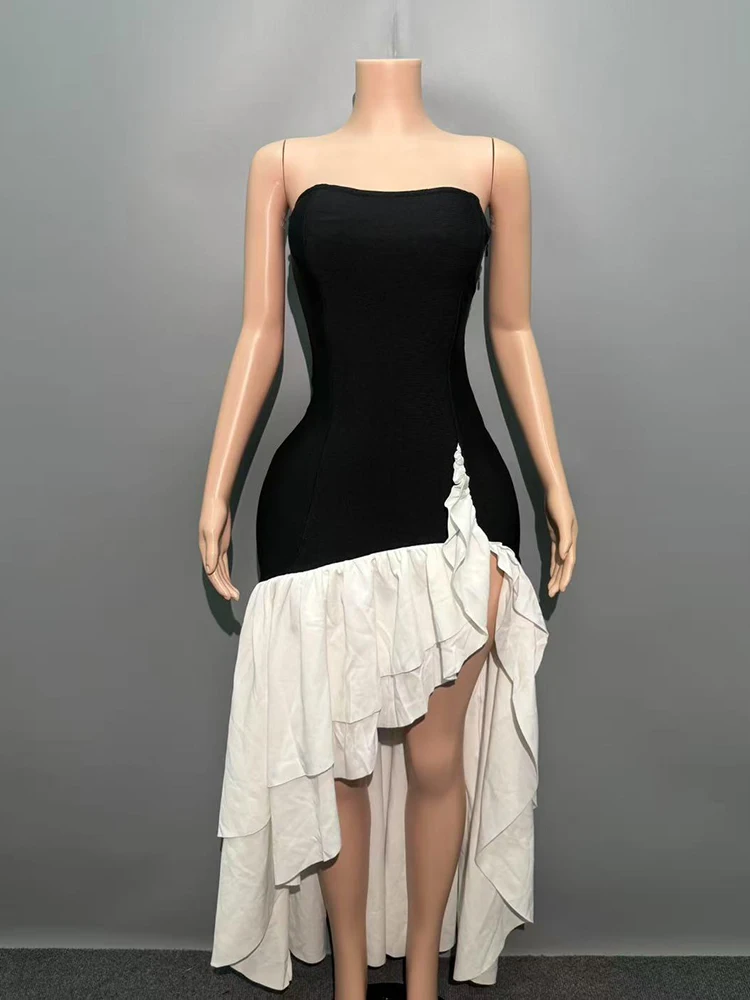 우아한 블랙 화이트 패치 워크 불규칙한 드레스 봄 여성 민소매 가슴 포옹 드레스 여름 높은 허리 무릎 길이 드레스