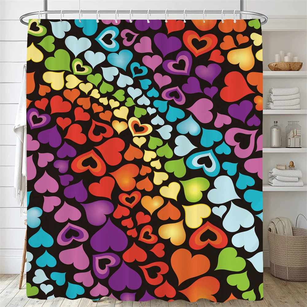 Love Shower Curtain Bathroom Curtain Girl Romantic Heart-shaped Pattern Waterproof Polyester Cloth Home Decor Curtain with Hooks