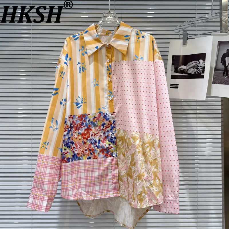 

HKSH Autumn New Women Streetwear Trendy Ethnic Tide Patchwork Striped Blocked Casual Shirt Fashion Colorful Blouse Top HK10189
