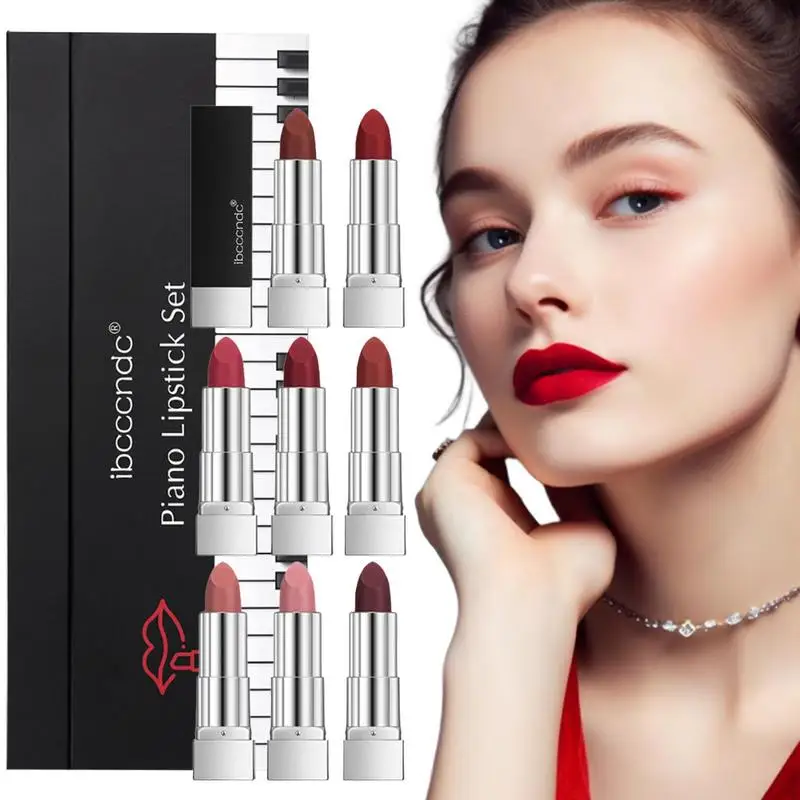 8Pcs/Set Velvet Matte Lipstick Set Long Lasting Waterproof Creative Piano Box Design Nude Red Batom Makeup Cosmetic Gifts