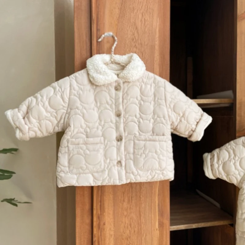 Infant Baby Boys Girls Thicken Coat Toddler Baby Boys Girls Cotton-padded Jacket Winter Girls Long Sleeves Grid Cardigan Coat