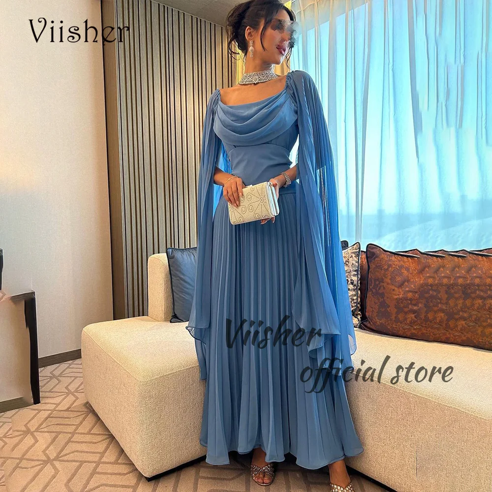 

Viisher Blue Pleats Chiffon Evening Dresses with Cape Dubai Arabic Prom Dress Ankle Length Formal Evening Gowns