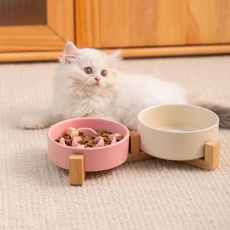 Creative Simple Solid Color Pet With Stand To Prevent Tipping Over Cat Anti-Choking Feeding Cat Water Bowl