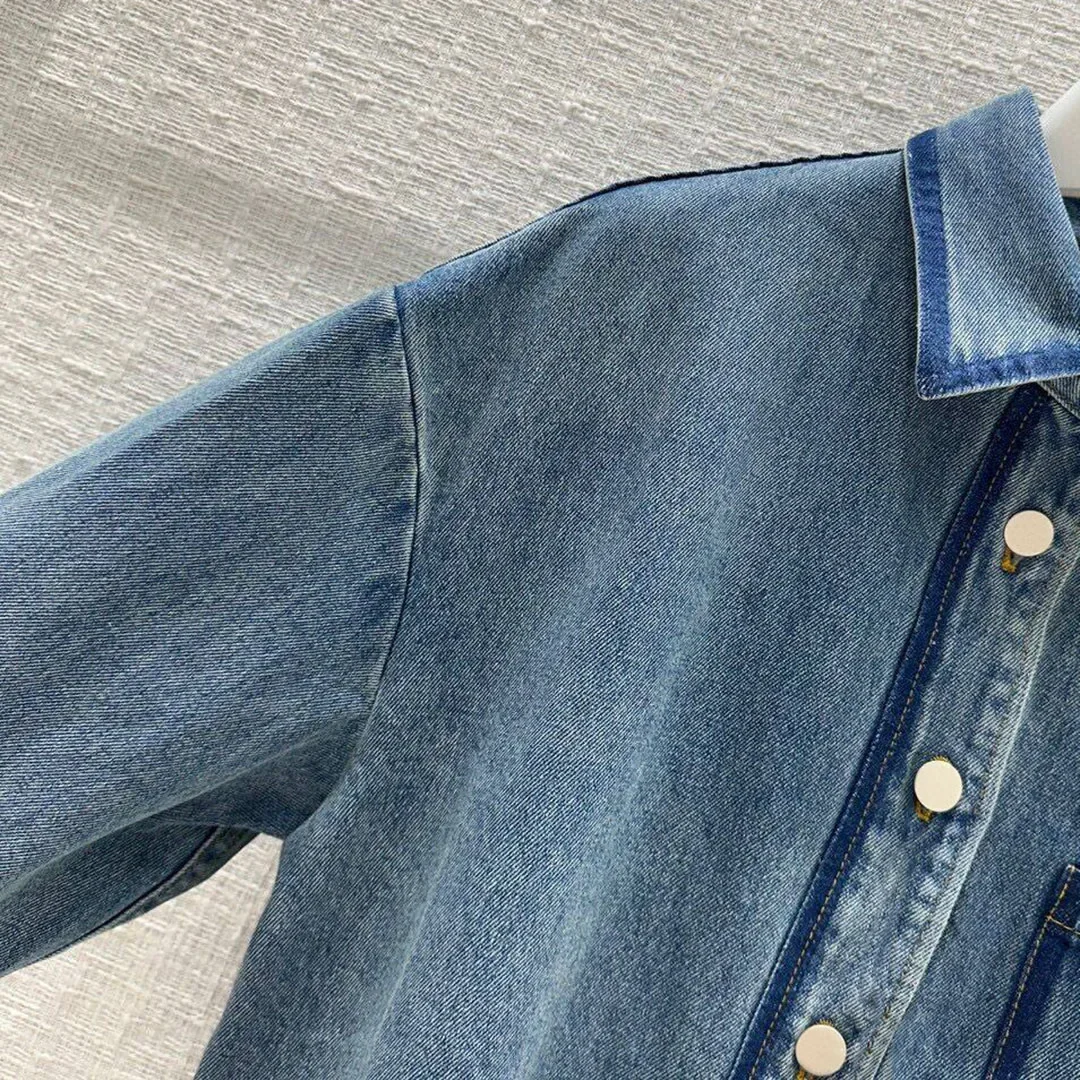 2024 New Spring Fashion Cotton Blue Denim Shirt Women Lapel Long Sleeve Front Pocket Long T-shirt Designer Tops