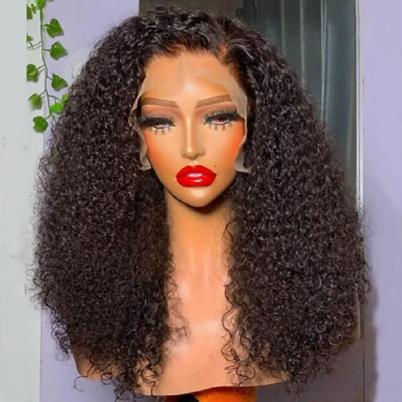 Long 26Inch 180%Density Black Preplucked Glueless Kinky Curly Lace Front Wig For Black Women BabyHair Natural Hairline Daily