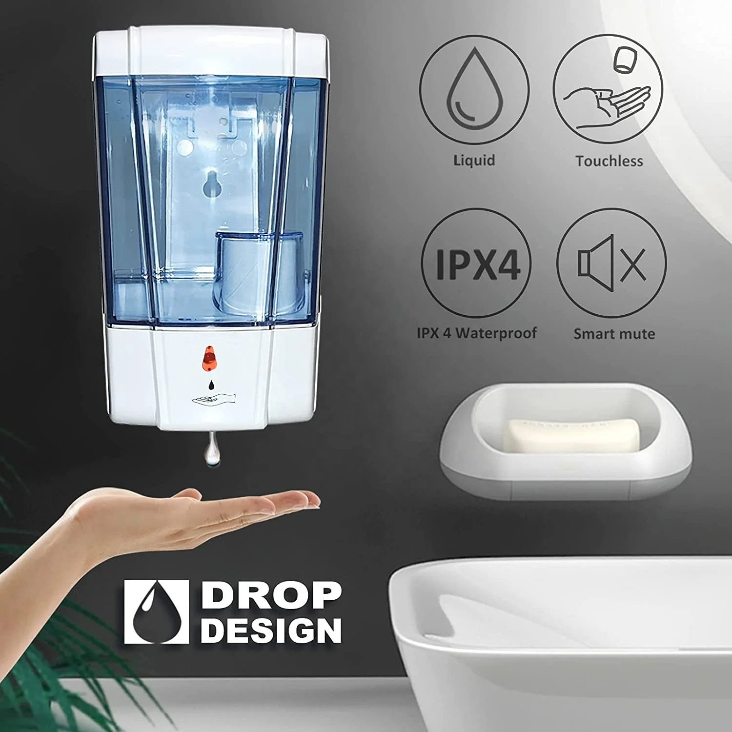 Automatic Soap Dispenser 600ml Contactless Sensing Liquid Disinfection Wall Mounted Kitchen, Hotel, Shopping Mall, Bathroom