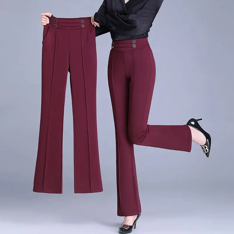 Spring Autumn Elegant Buttons Solid Color Elastic Waist Flare Ladies Fashion Slim High Waist Temperament Pants Women Clothes