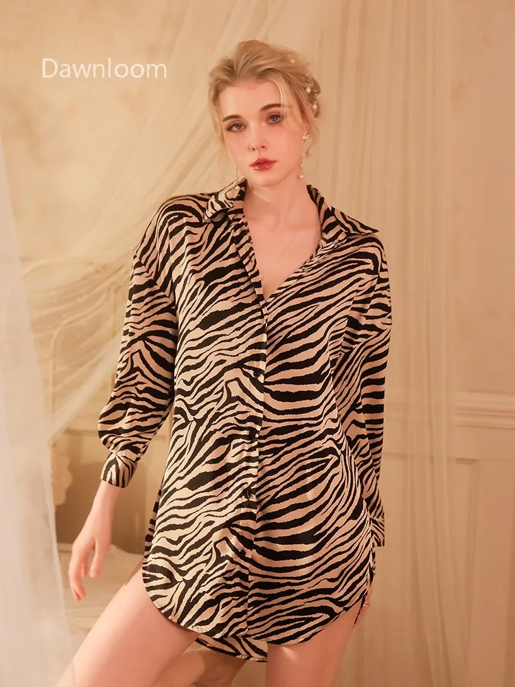 فستان Dawnloom* قميص حريري مطبوع عليه حمار وحشي على طراز Boyfriend للنساء فضفاض ومثير ملابس منزلية طويلة #6