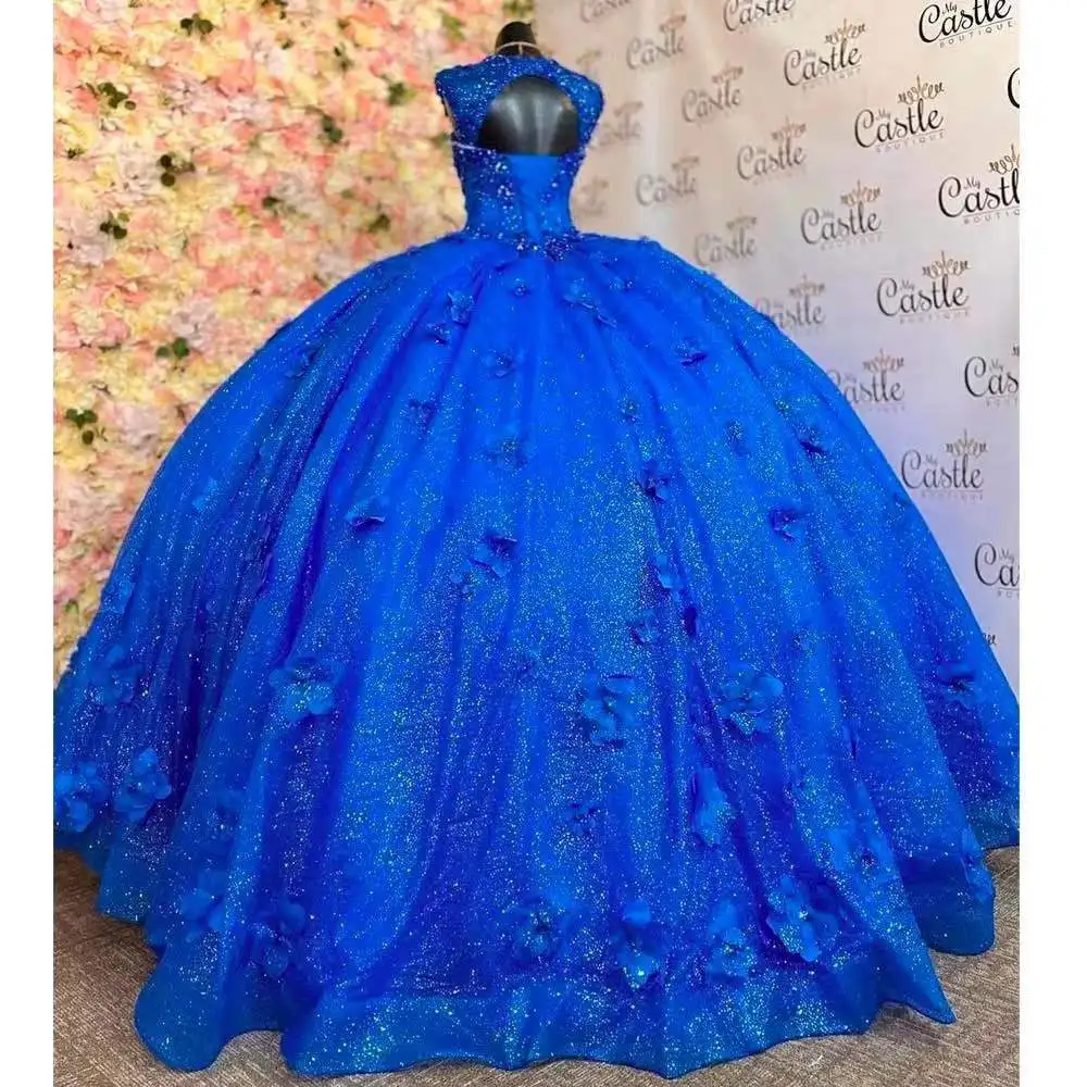 ANGELSBRIDEP gaun pesta manik-manik biru mewah gaun pesta Princess Quinceanera gaun pesta Tulle manis Vestido De 15 16 Anos kustom