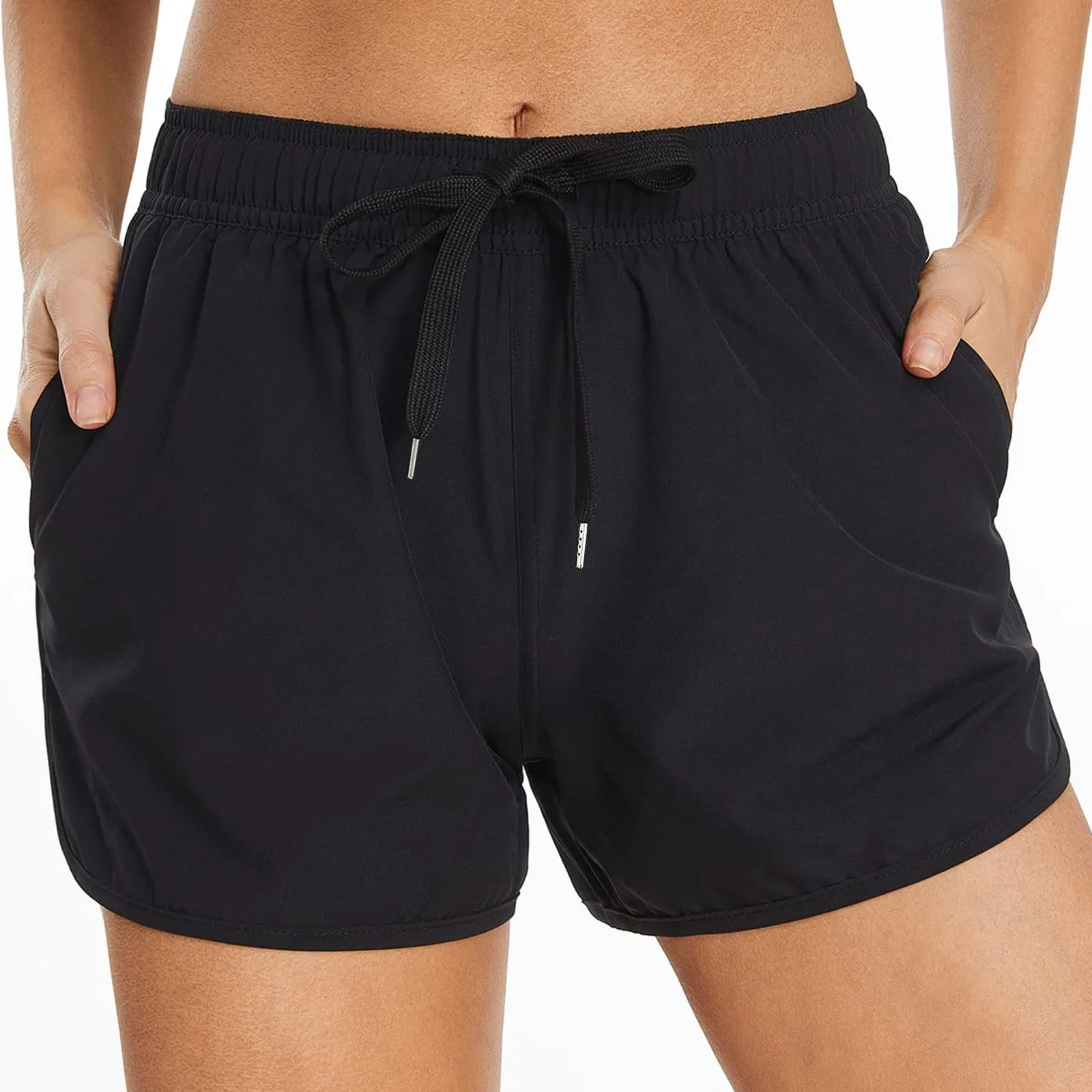 2024 Black Swim Shorts For Women With Pockets Summer High Waist Drawstring Quick-drying Beach Sport Trunks Loose Short Pants