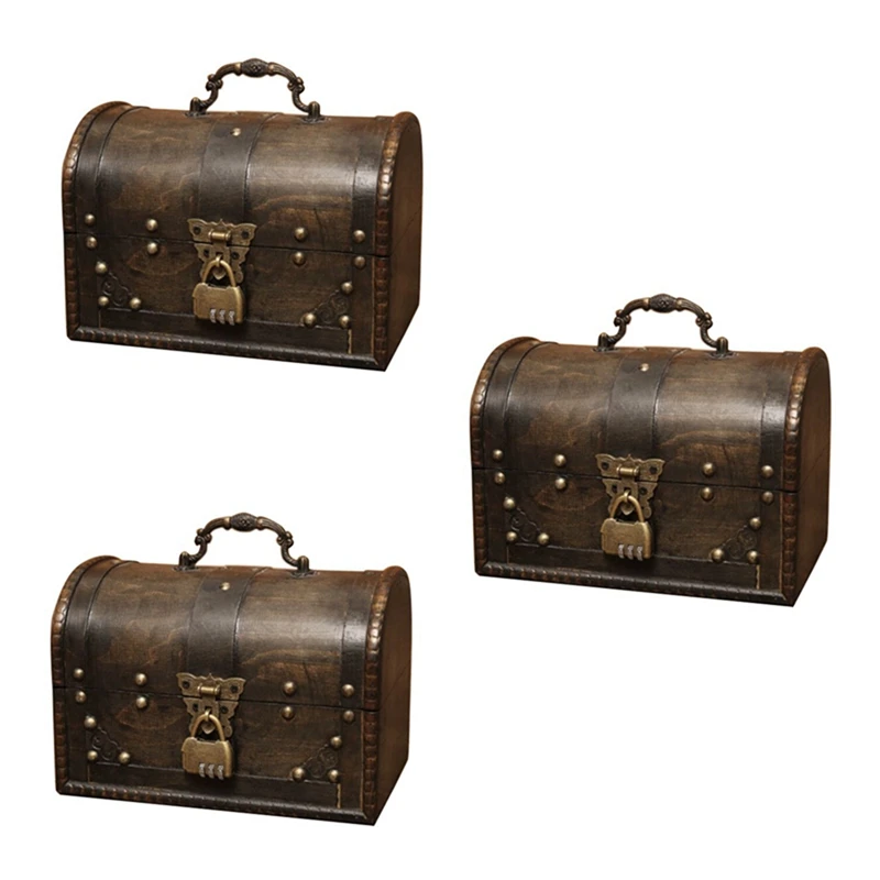 3X Chic Wooden Pirate Jewellery Storage Box Case Holder Vintage Treasure Chest For Wooden Organizer Large